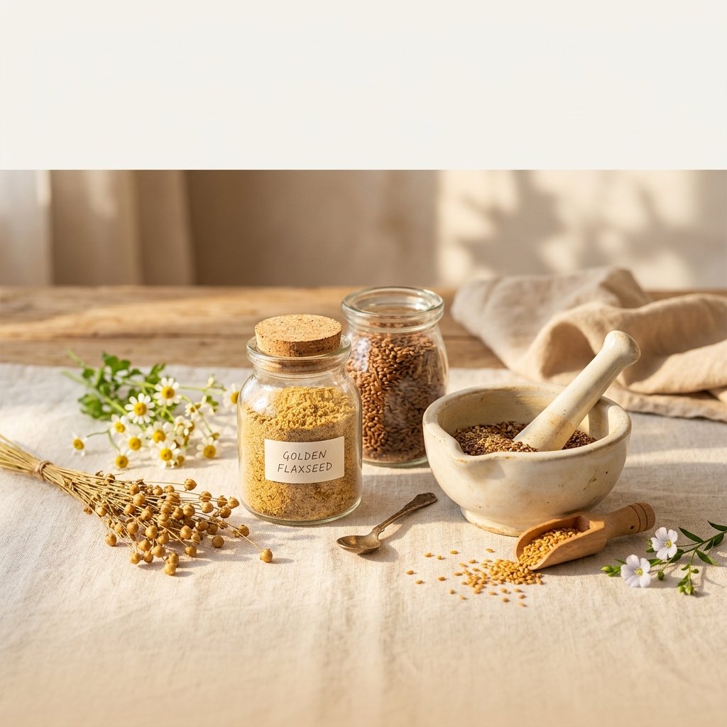 Aesthetic glass jar of ground golden flaxseed