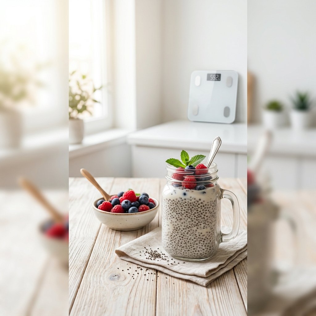 A mason jar of chia pudding next to a digital smart scale