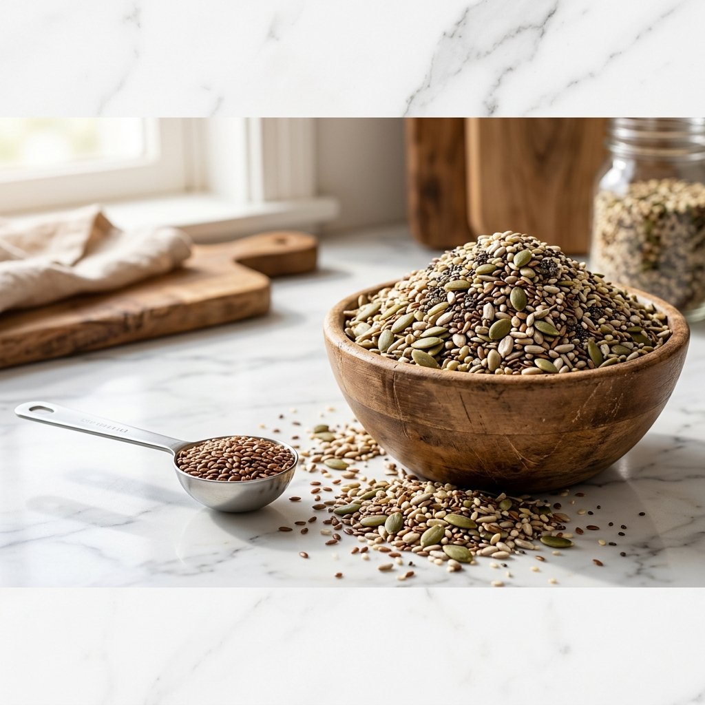 A tiny measuring spoon next to a massively spilling bowl of high calorie seeds