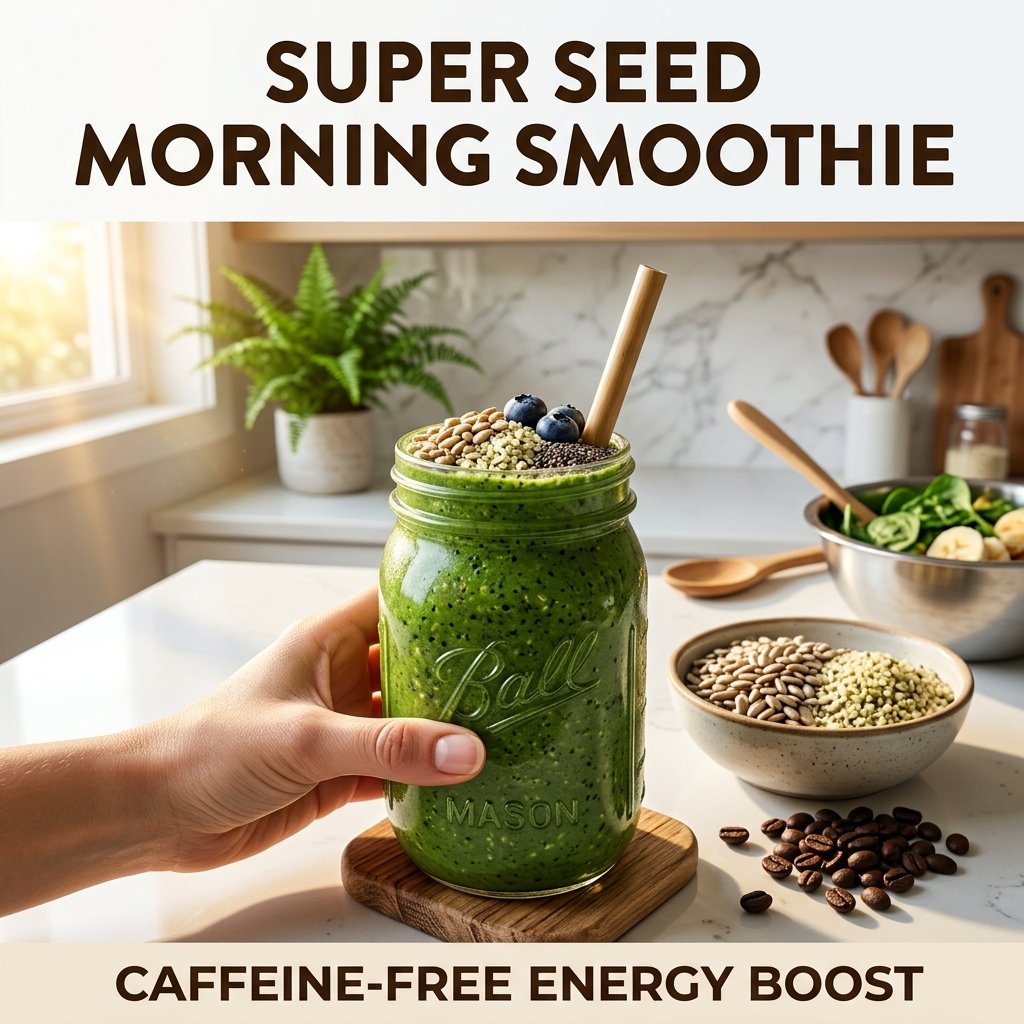 A bright, high-energy photo of a massive, vibrant green smoothie loaded with sunflower and hemp seeds on a clean morning kitchen island