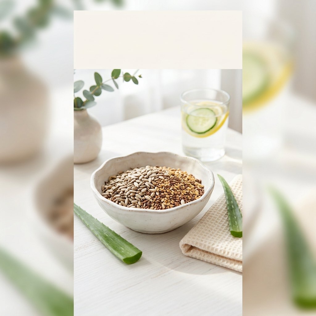 Aesthetic bowl of sunflower and flax seeds for skincare