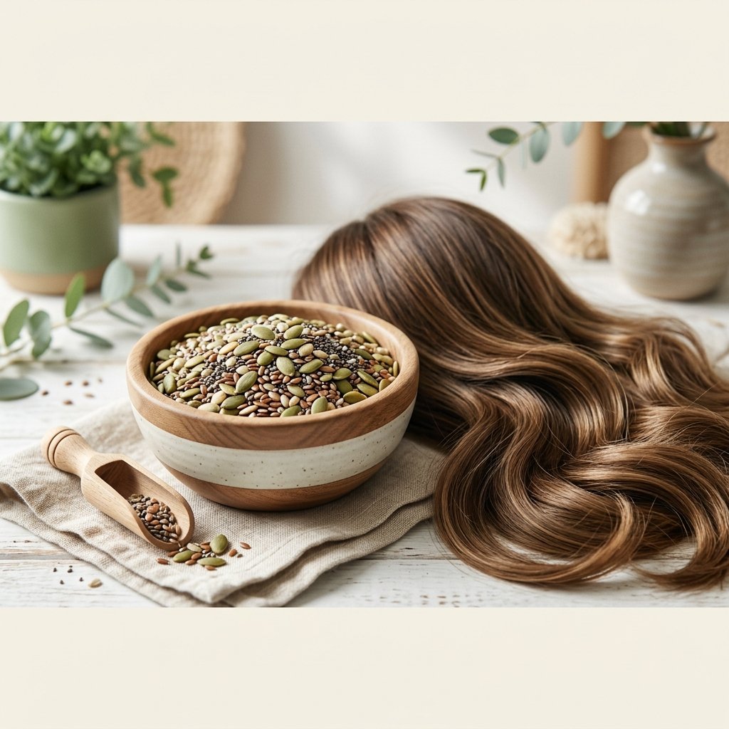 Healthy thick hair next to pumpkin and chia seeds