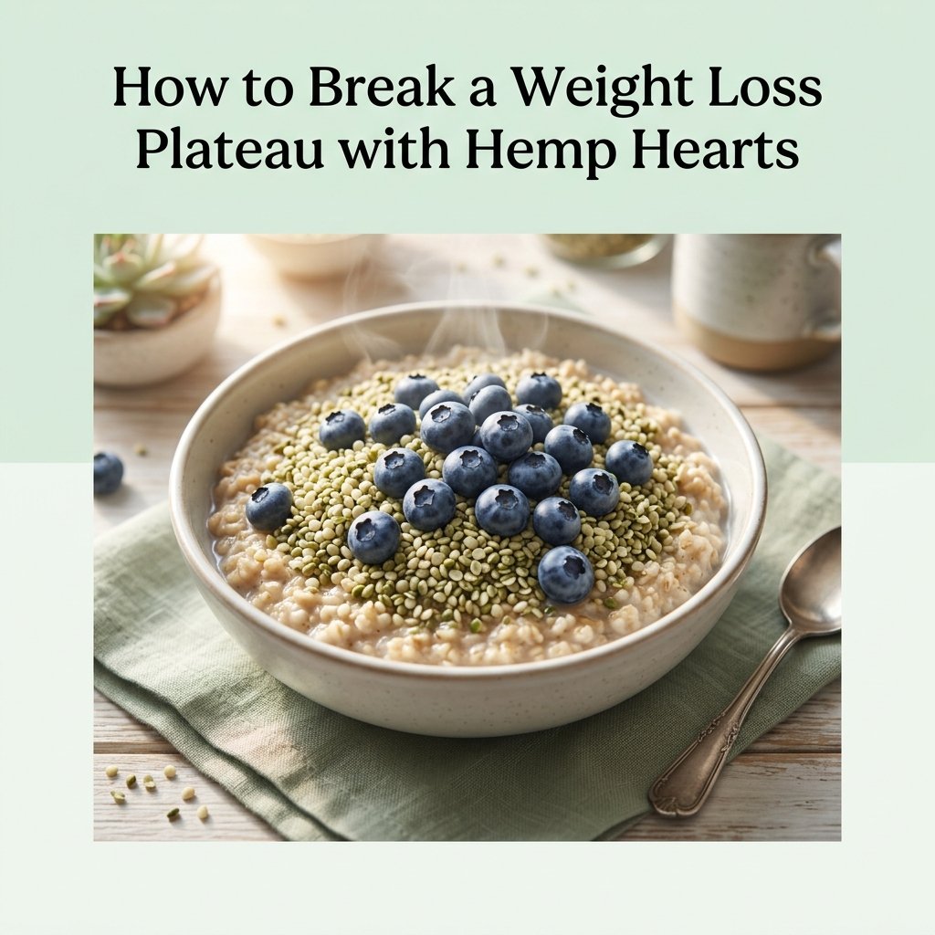 A steaming bowl of oatmeal smothered in green hemp hearts and fresh blueberries