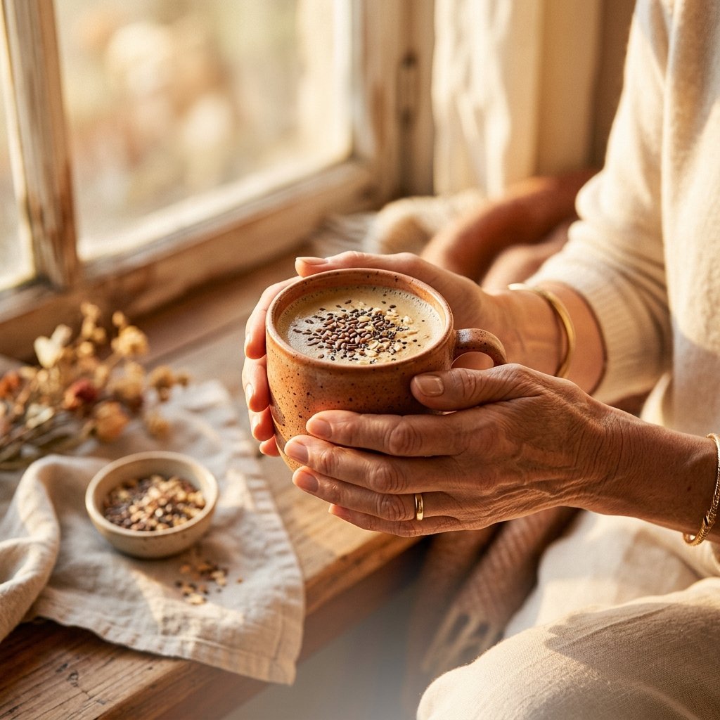 A sophisticated mature woman holding a comforting mug sprinkled with flax and chia seeds in warm afternoon sunlight