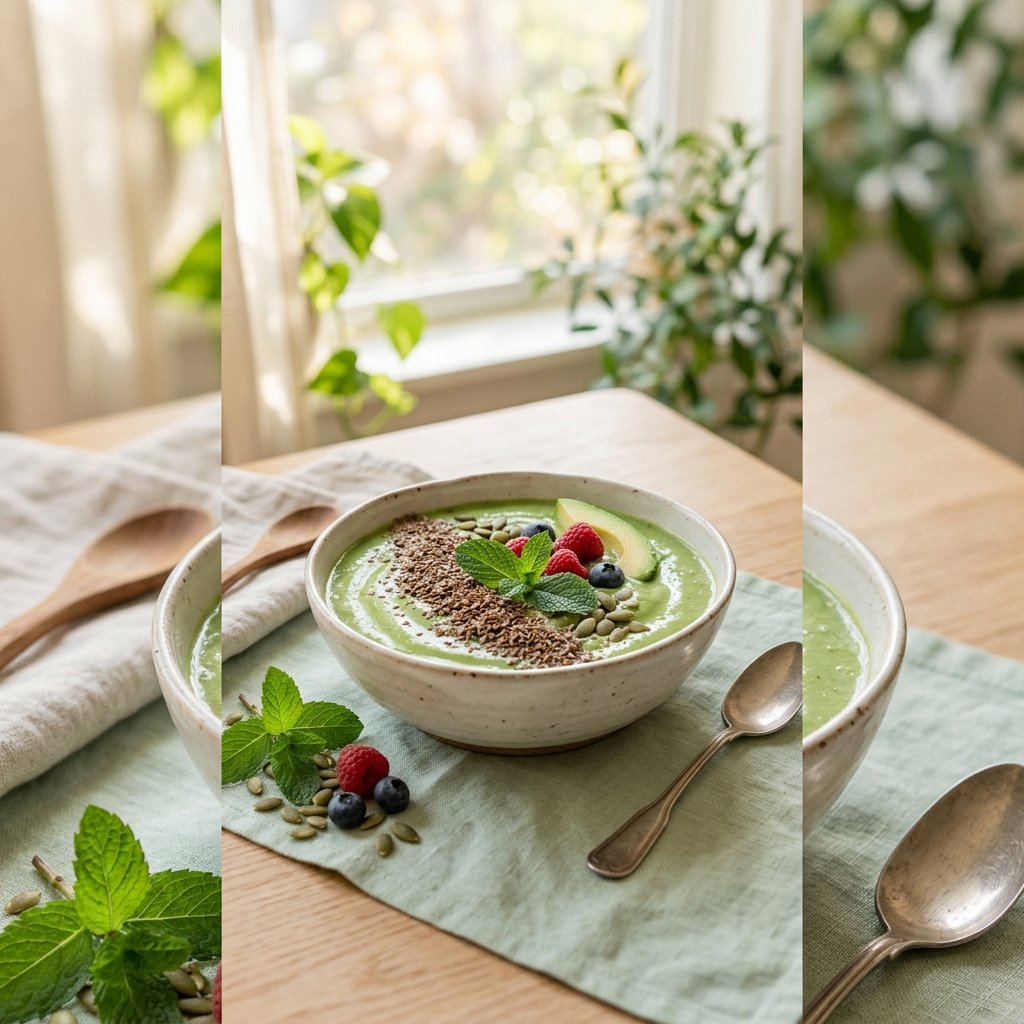 A soothing hormone-balancing green smoothie bowl heavily sprinkled with dark milled flaxseed