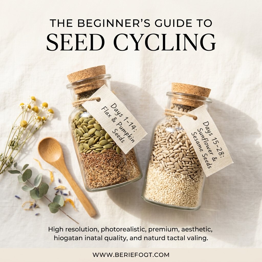 Two glass apothecary jars displaying flax and pumpkin seeds for days 1-14 and sunflower and sesame seeds for days 15-28