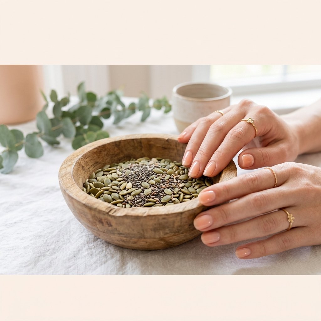 Manicured hands next to a bowl of chia and pumpkin seeds