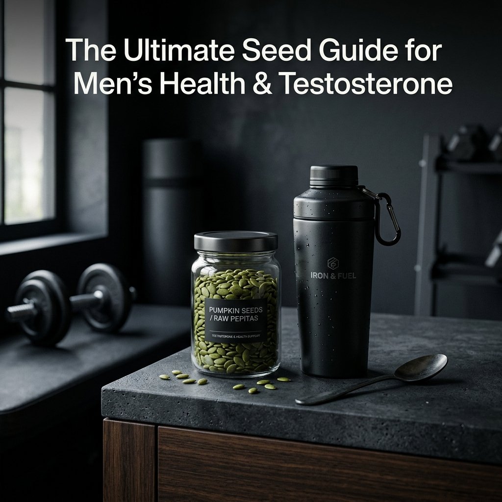 A sleek glass jar of raw green pumpkin seeds sitting on a dark concrete gym counter next to a shaker bottle